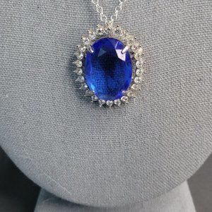 Blue Glass Bead Pendant Silver Tone Round Link Chain Fashion Necklace 22 in
